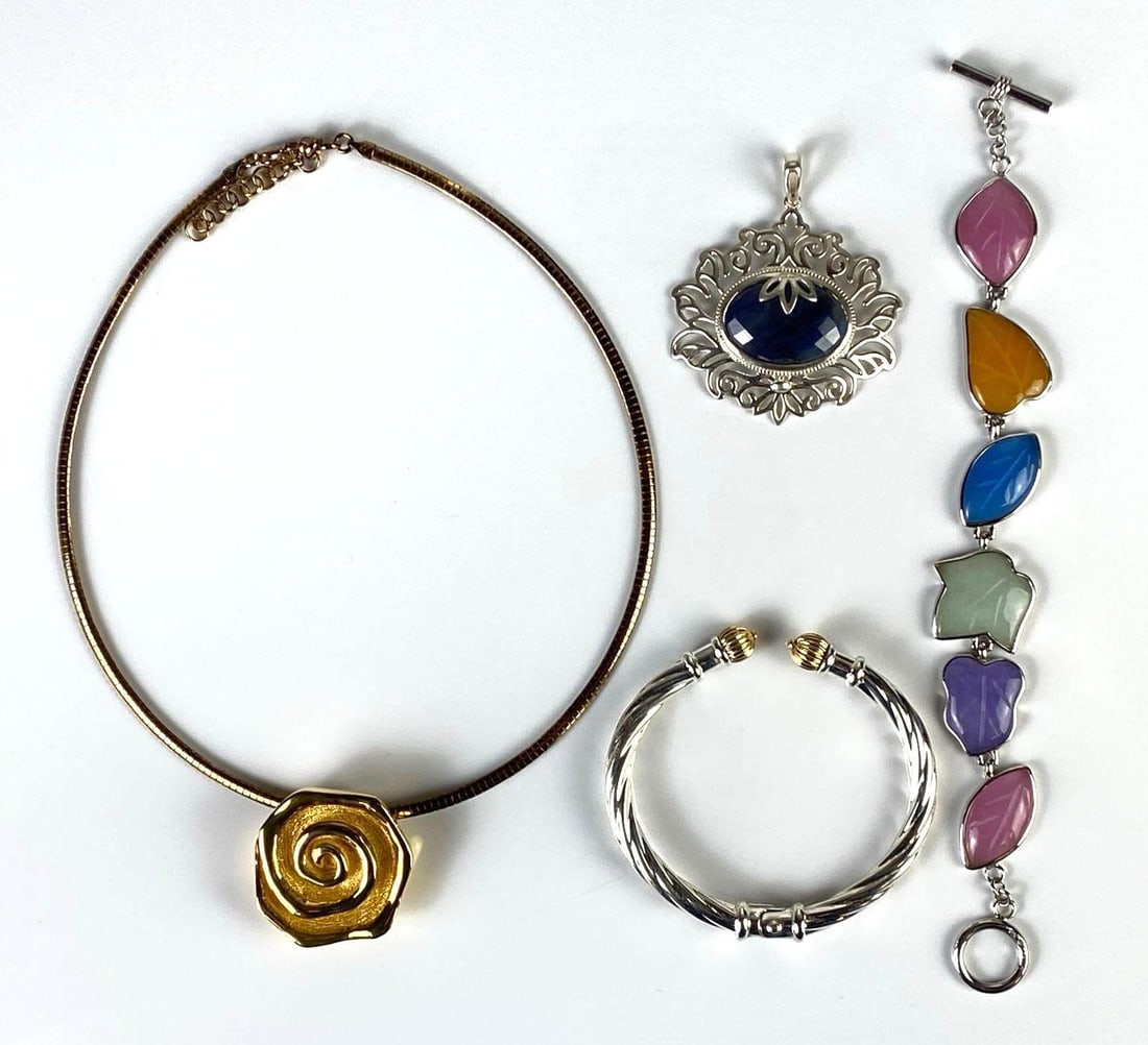 Group of Sterling Silver Jewelry: Total weight 88.6g, Includes bracelets, vermeil necklace, and necklace pendant, Necklace measures 16 inches long.