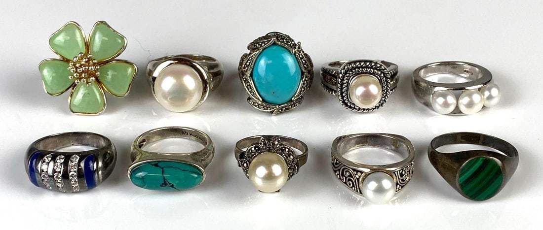 Group of 10 Sterling Silver Rings: Includes turquoise, CZ, faux pearl, and more, Sizes range from 6 3/4 - 10 1/2.