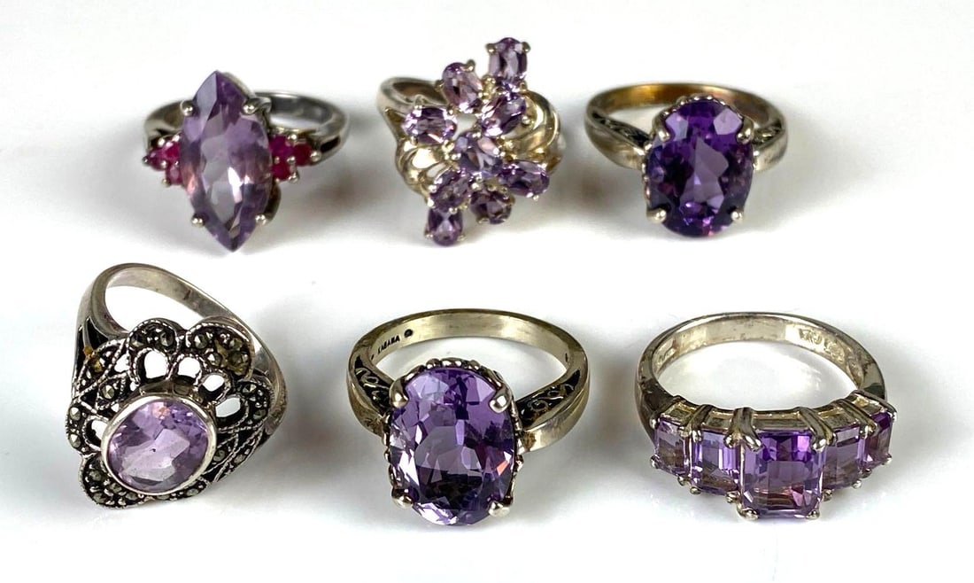 Group of 6 Sterling Silver Amethyst Rings (1 of 3)