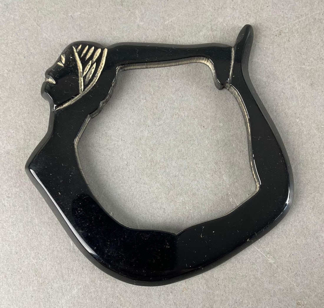 Black Bakelite Acrobatic Woman Bracelet: Measures 4 1/4 x 4 inches