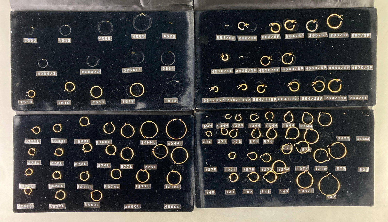 Group of Gold Filled Hoop Earrings: Separated by mm and closure type, each case measures 14 x 8 inches