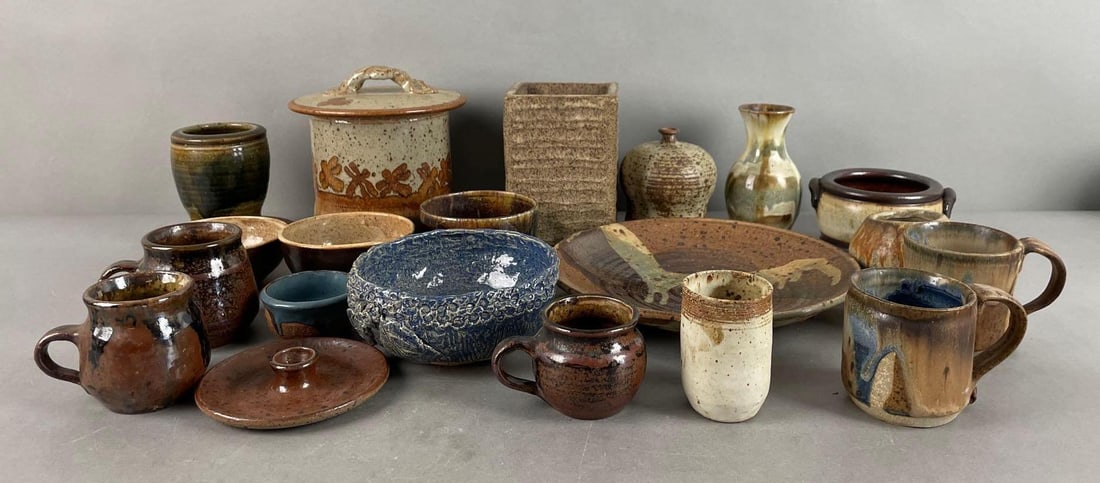 Group of Pekoc Art Pottery and More: Includes Gabrielle, sue fiefer, B. Gardner, and more. Square vase measures 5 1/2 x 3 3/4 x 3 3/4 inches