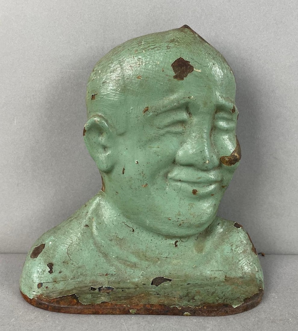 1981 Figural Bust Doorstop: Paint chipping, measures 7 x 6 1/2 x 2 inches