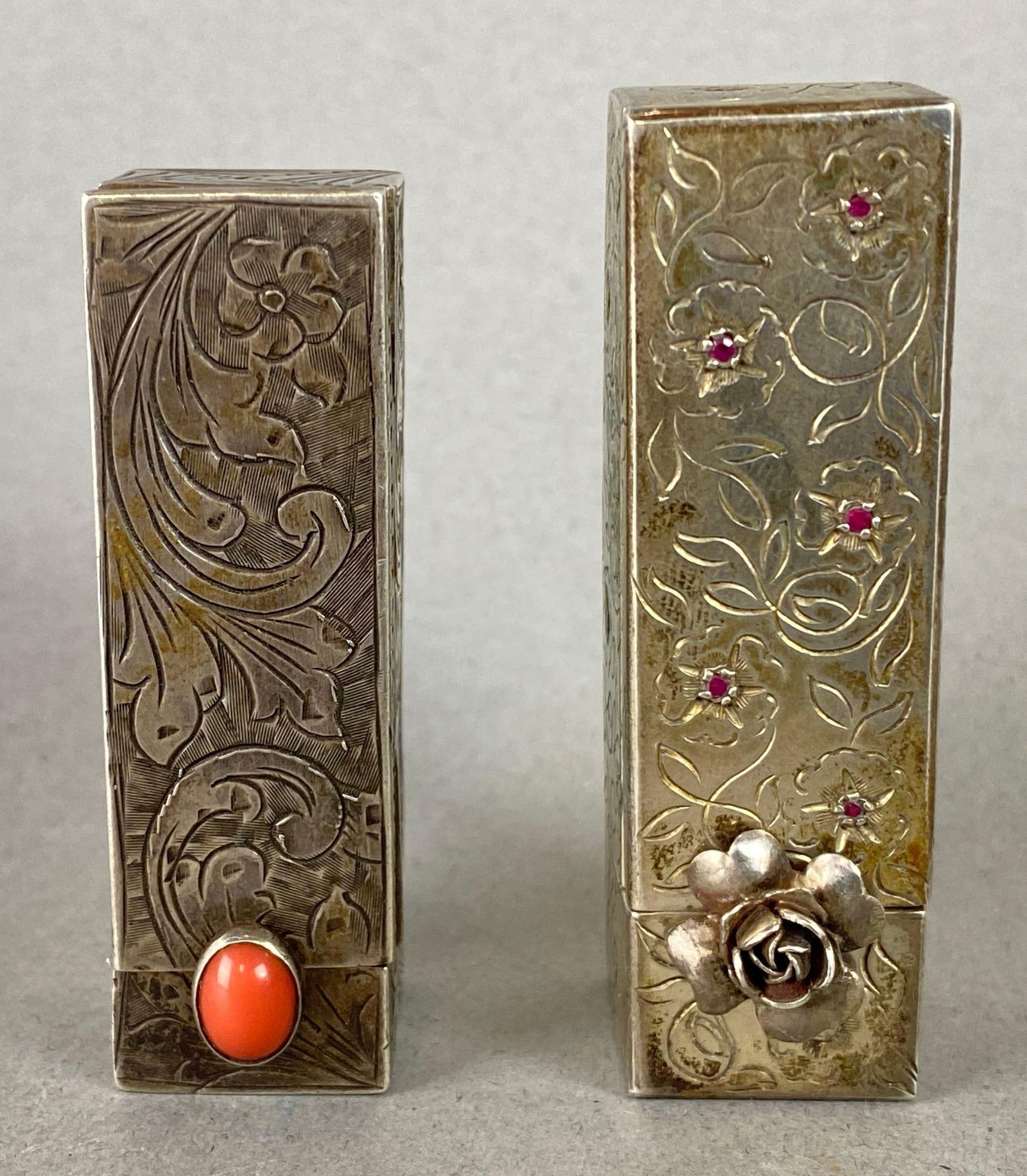 Group of 2 Antique Engraved Sterling Silver Compact Lipstick Tubes (1 of 8)