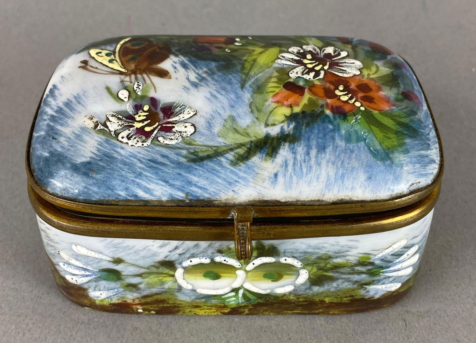 Antique French Hand Painted Limoges Brass and Porcelain Trinket Box (1 of 5)