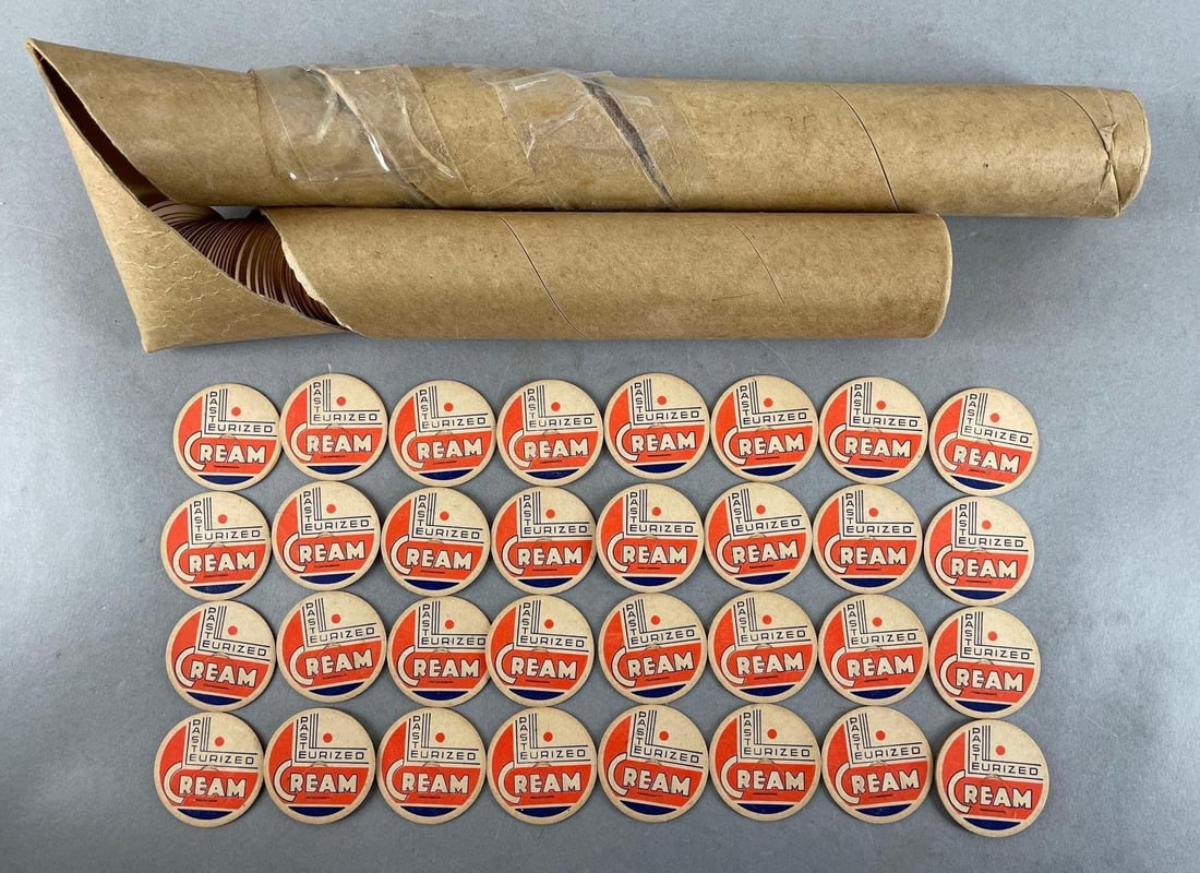 Group of Pasteurized Cream Cardboard Dairy Caps: Includes original sleeve full, each measure 1 5/8 inches