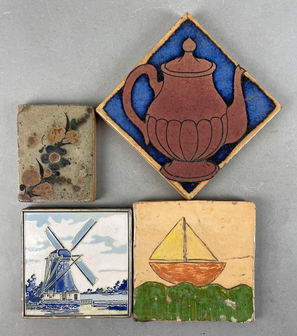 Group of Vintage Ceramic Tile Trivets: Includes Dutch westraven windmill, 1940 sailboat, floral, and teapot. Largest measures 6 x 6 inches