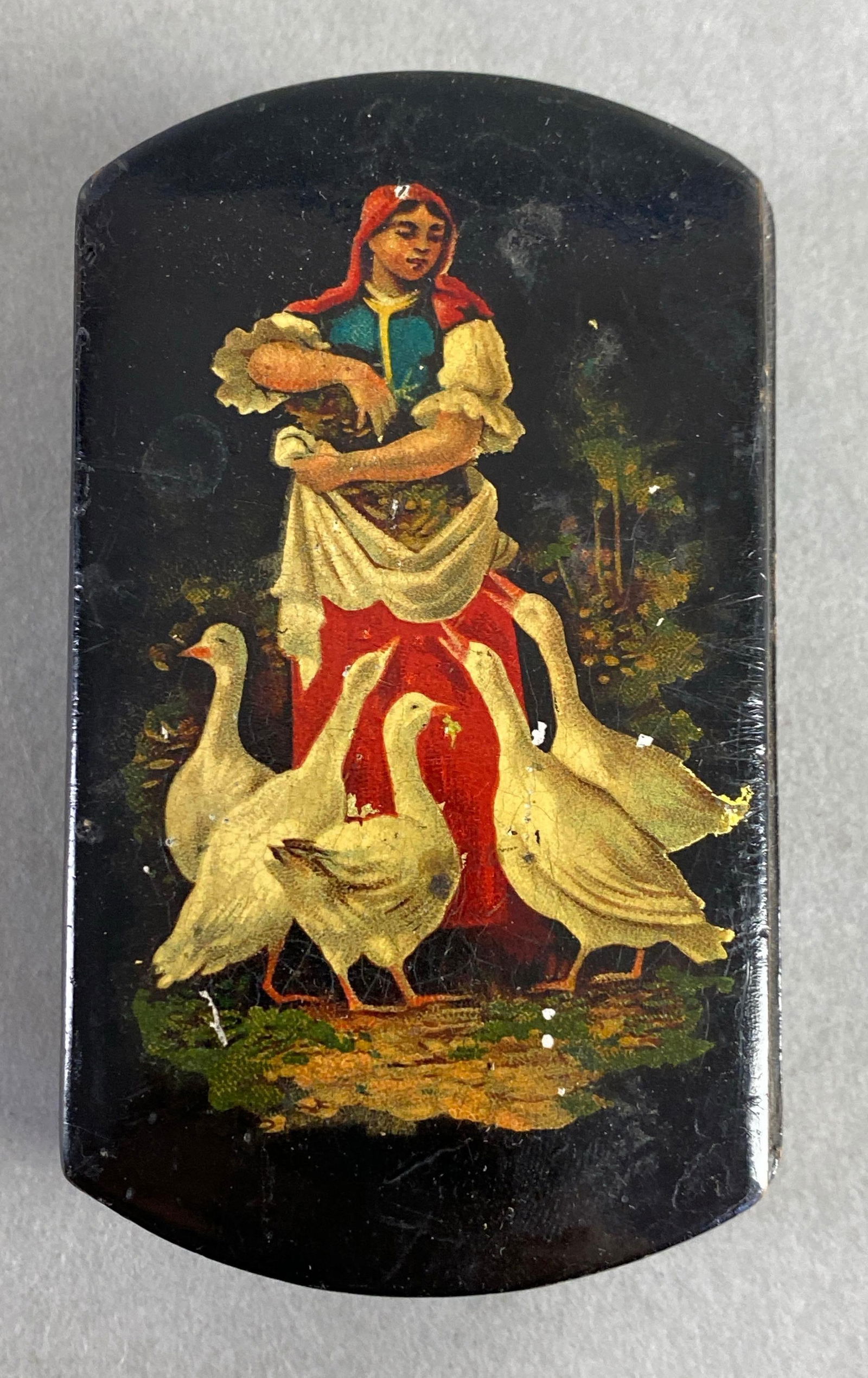 Antique Hand-painted Russian Woman Feeding Geese Wood Box (1 of 4)