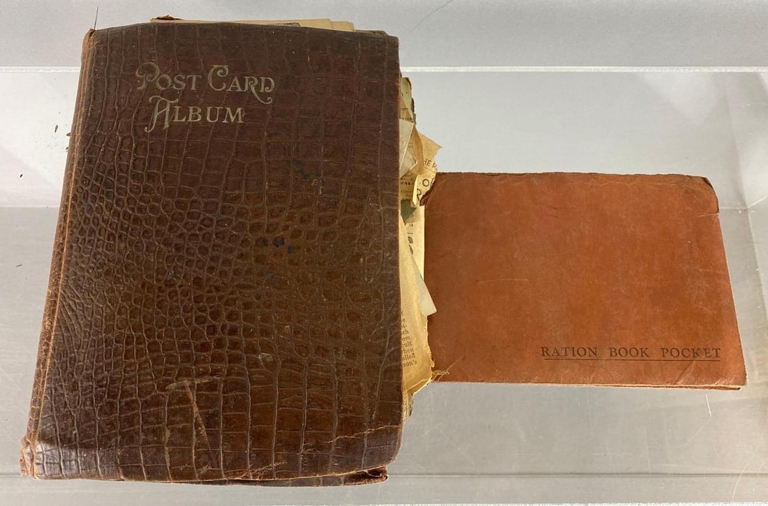 1907 Jamestown Ephemera and More: Includes ration book pocket from 1943, postcards and newspaper articles. Album is very fragile.