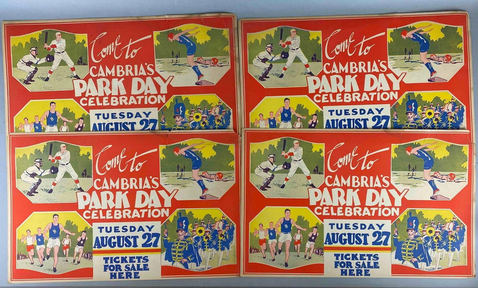 Group of 4 Vintage Cambrian’s Park Celebration Posters: Some posters have water damage and missing corners. Largest measures 12 x 22 inches.