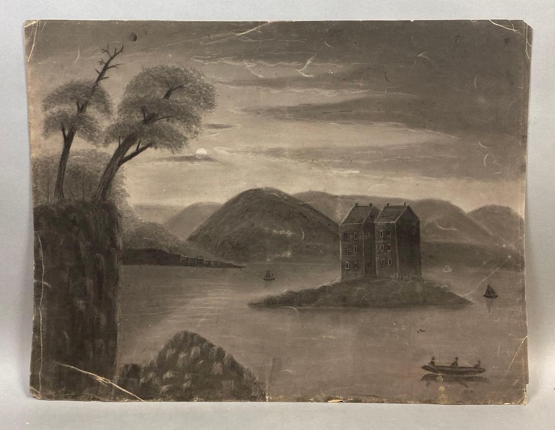 Lakeside Island Charcoal Drawing on Paper: Artists name faint on back, Large crease on bottom left corner, Some scratches throughout, Measures 17 1/2 x 23 inches.