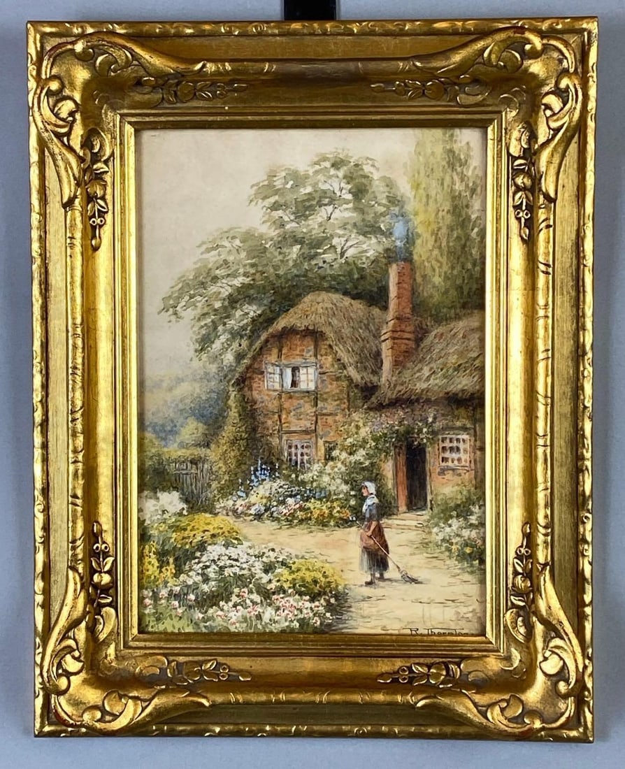 R. Thorton Cottage Watercolor Painting on Paper: Artists signature on bottom right corner, Frame measures 13 3/4 x 10 3/4 inches, Painting measures 10 x 7 inches.