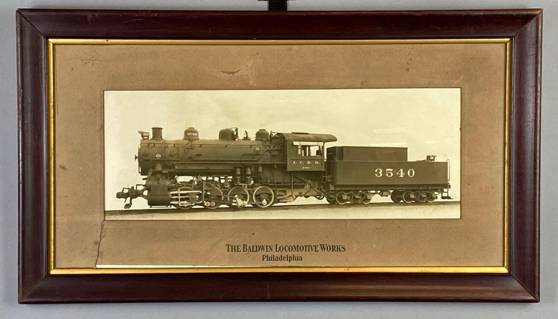 The Baldwin Locomotive Works Philadelphia I.C.R.R. Locomotive Steam Engine and Tender Photograph: Engine No. 3540, Frame measures 15 1/2 x 27 1/4 inches, Photograph measures 7 1/2 x 19 inches.