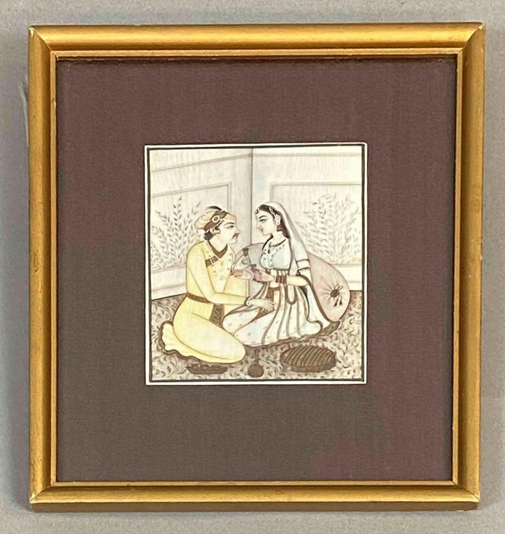 Indo-Persian Courtship Miniature Painting: Frame measures 7 x 6 1/4, Painting measures 3 3/4 x 3 inches.