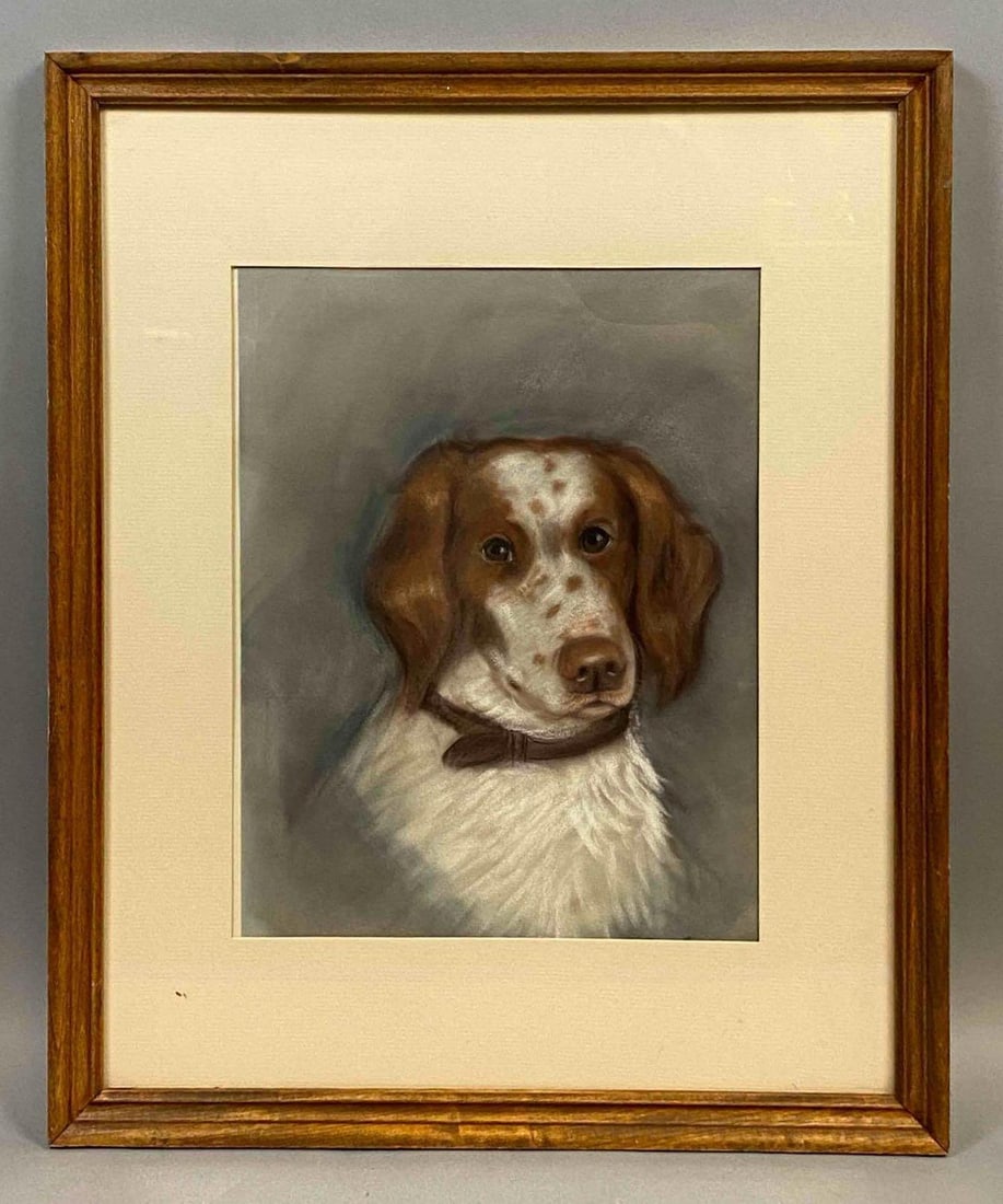 Brittany Spaniel Dog Oil Pastel Painting on Paper: Frame measures 21 3/4 x 13 3/4 inches, Painting measures 13 1/2 x 10 1/2 inches.