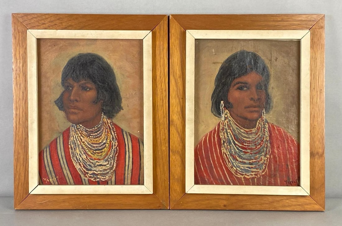 Group of 2 Jose Yepez South American Portraits Oil Paintings on Canvas: Artists signature on bottom corners, Frames measure 18 x 14 inches, Canvases measure 14 x 10 1/2 inches.