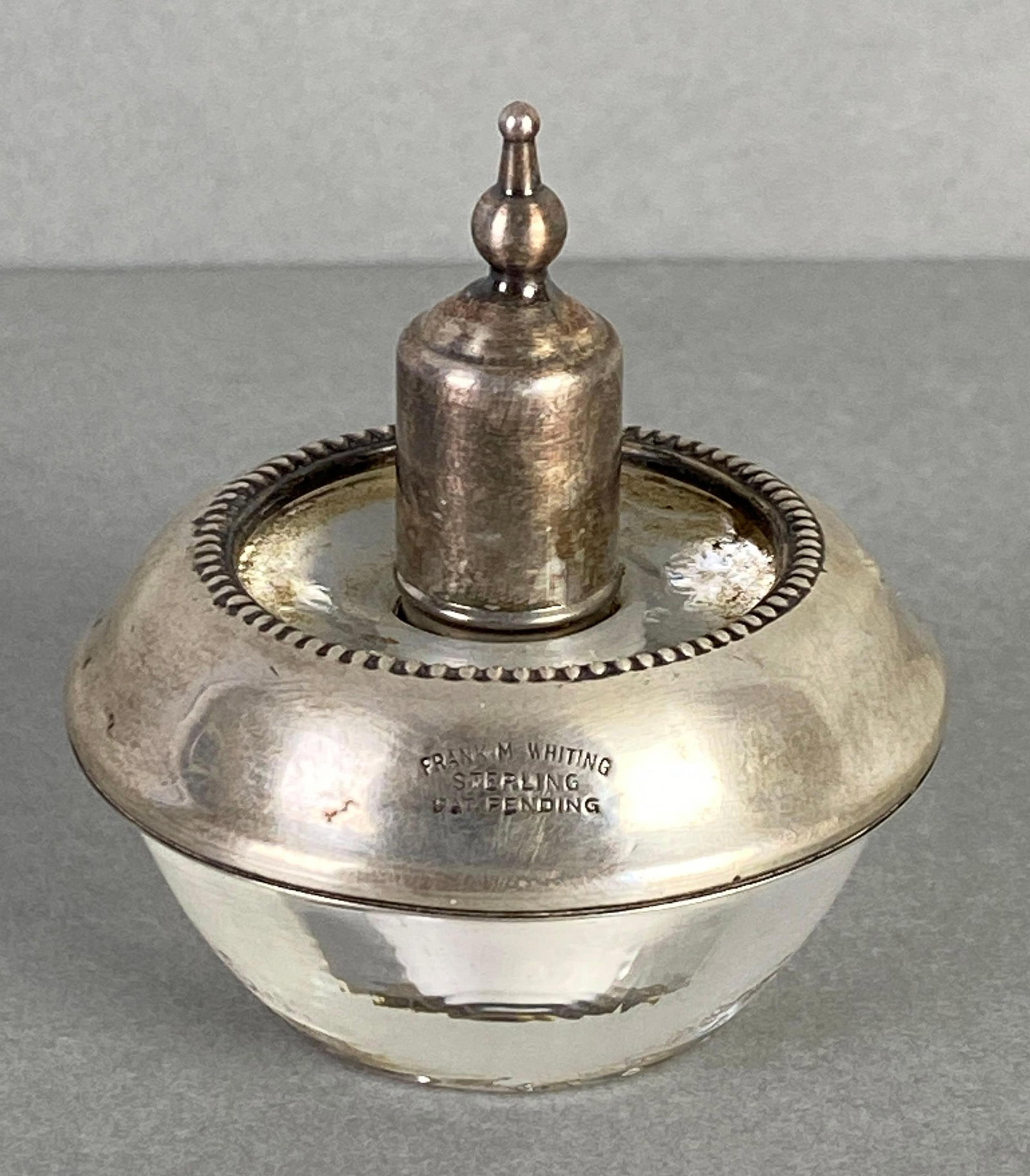Frank M Whiting Sterling Silver Glass Desk Lighter: marked on side, measures 2 1/2 x 2 1/2 inches