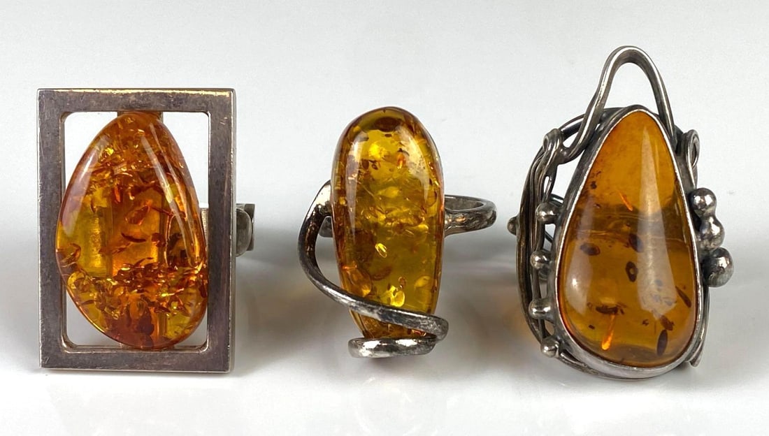 Group of 3 Sterling Silver Amber Rings (1 of 5)