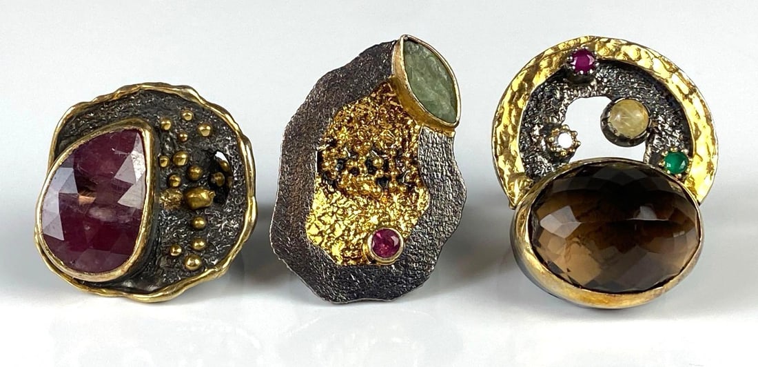 Group of 3 Sterling Silver Multi-Gemstone Modernist Art Rings (1 of 5)