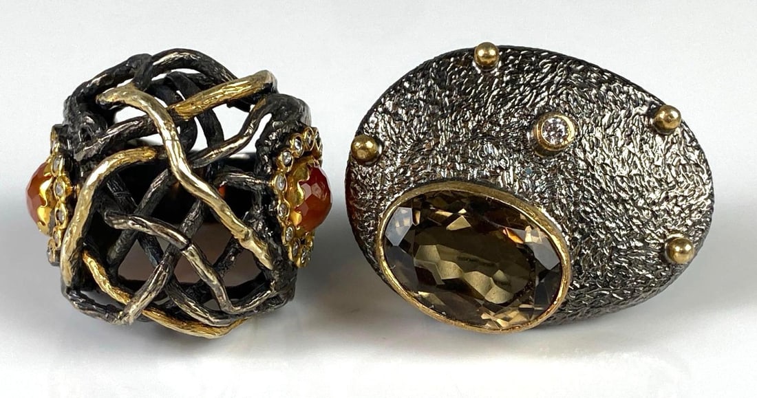 Group of 2 Sterling Silver Gemstone and CZ Modernist Art Rings (1 of 5)