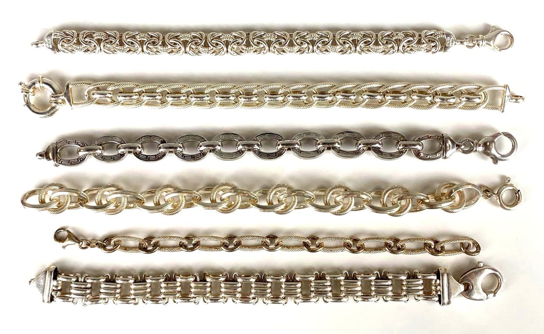Group of 6 Sterling Silver Link Bracelets: Longest measures 8 inches long.