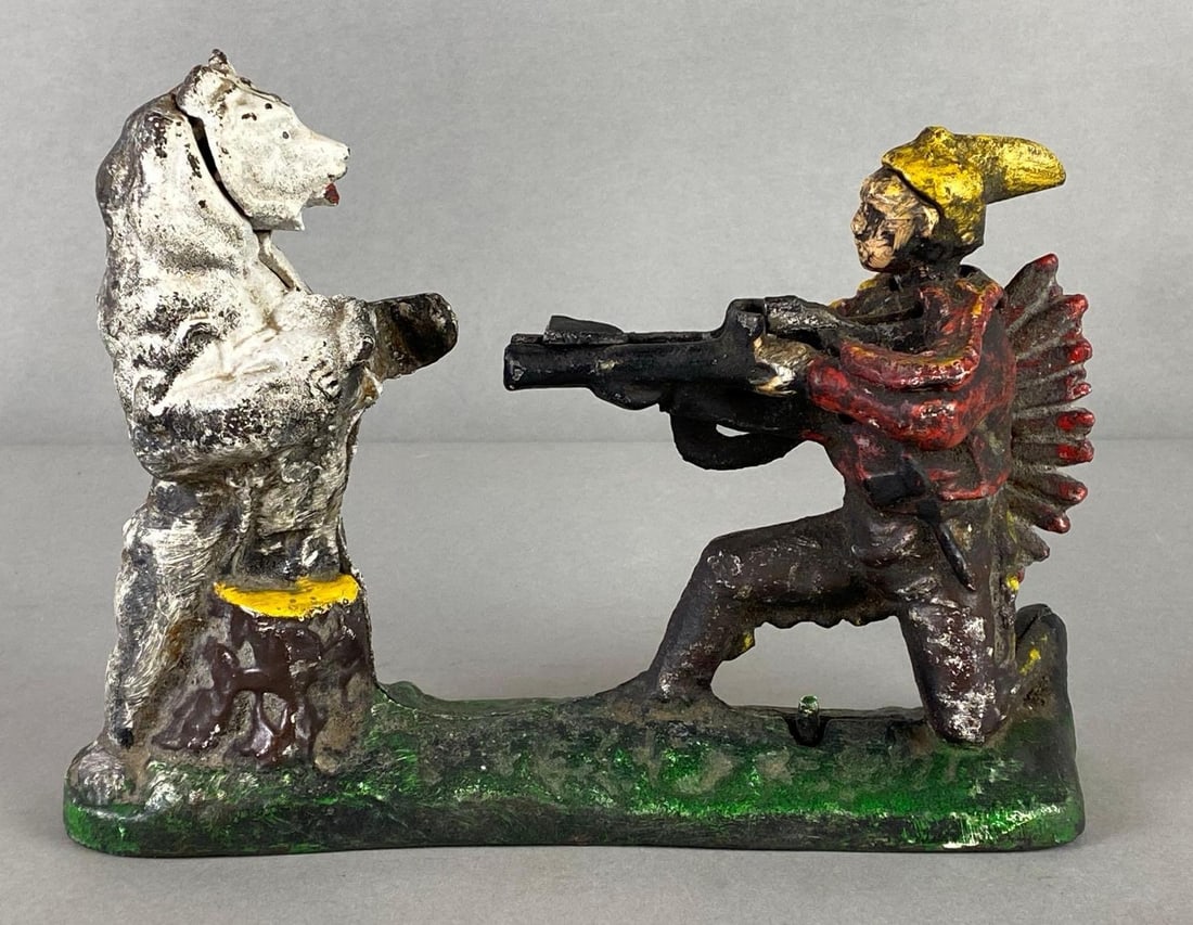 Reproduction Native American Shooting Bear Cast Iron Mechanical Coin Bank (1 of 6)