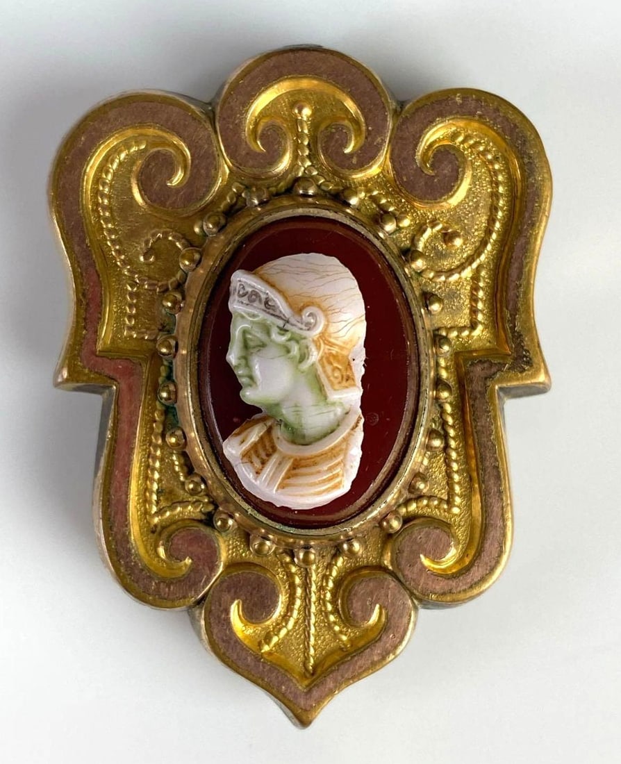 Small Vintage Cameo Portrait Locket/Perfume: Hinged back leads to shallow keepsake spot, Measures 1 1/2 x 1 1/4 x 1/2 inches.