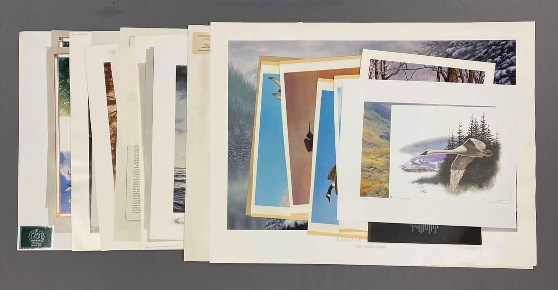 Group of 36 Limited Edition Signed and Numbered Nature Prints and More: Some prints are limited editions. Includes American Hunting Heritage poster, the highland fling print, 4 th annual Minnesota wildlife heritage show poster and more. Largest item measures 30 x 20 inche
