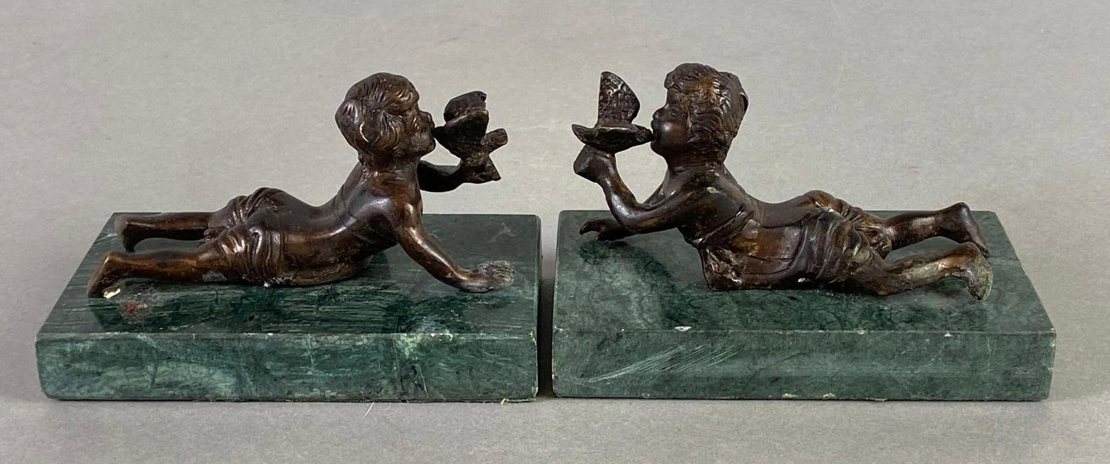 Pair of Bronze Boy Kissing Dove Sculptures (1 of 6)