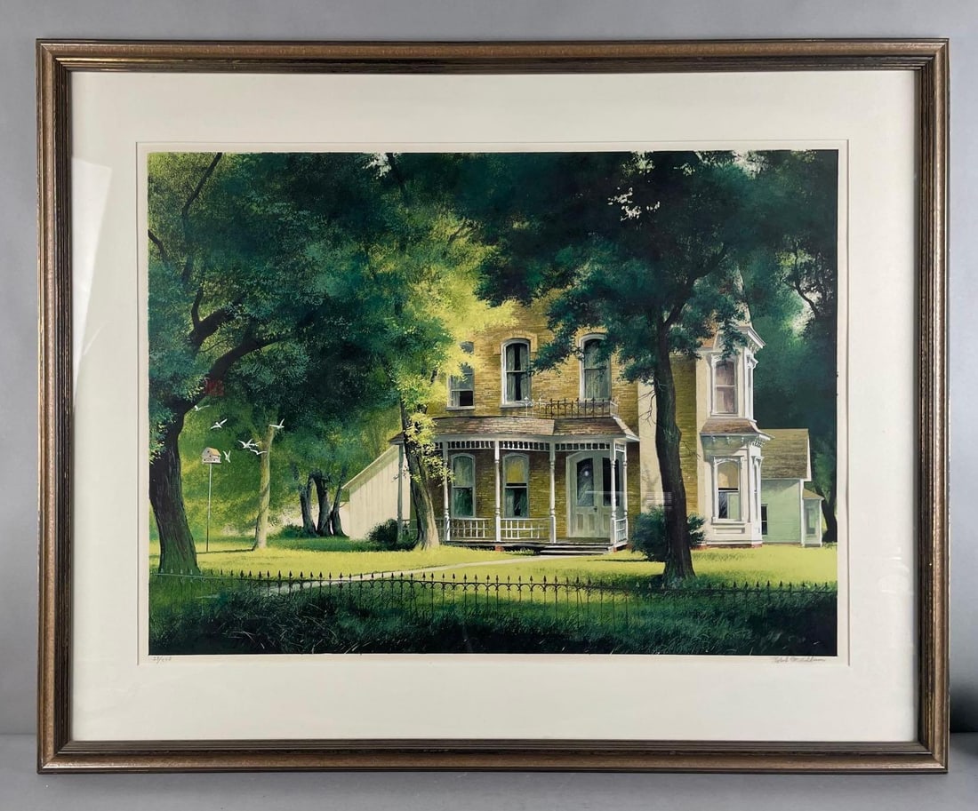 Signed and Numbered Robert William Addison Victorian Summer Serigraph: Limited no. 27/250, print measures 21 3/4 x 29 1/4 inches, frame measures 30 1/4 x 37 1/2 inches
