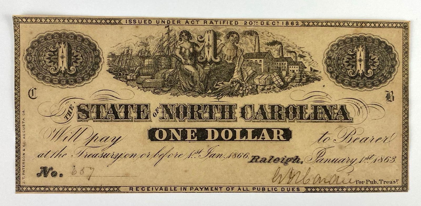 1863 The State of North Carolina One Dollar Note (1 of 2)