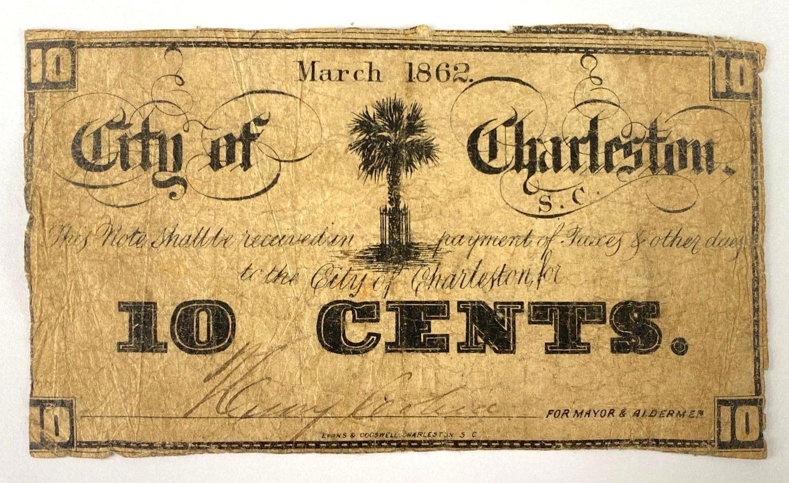 1862 City of Charleston South Carolina 10 Cent Note (1 of 2)