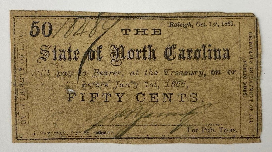 1866 The State of North Carolina Fifty Cent Note (1 of 2)
