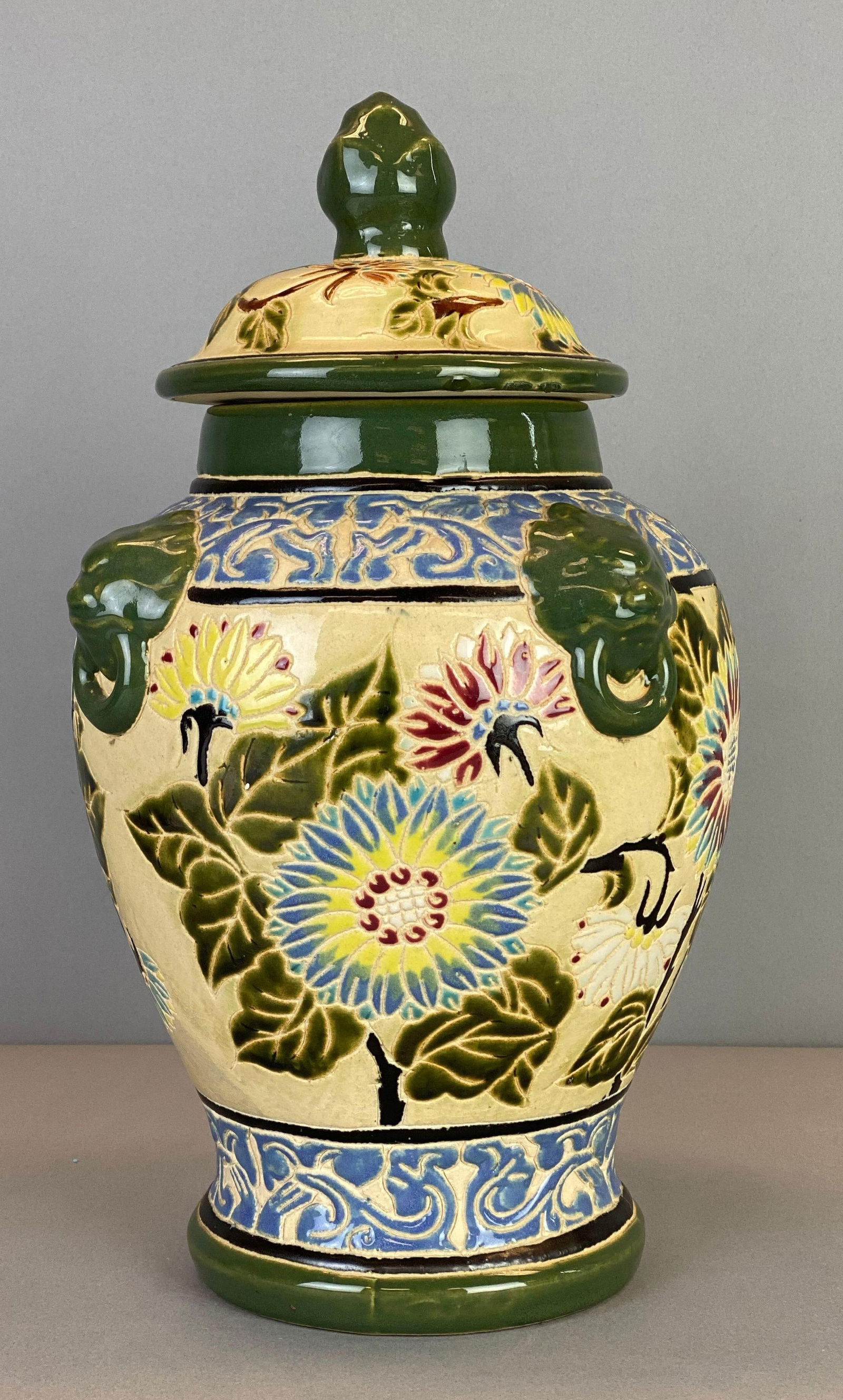 Sgraffito Floral Lion Head Motif Porcelain Jar (1 of 9)