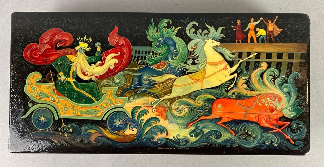 1960s Russian Hand Painted Lacquered with Folktale Scene: Minor scratches in lacquer. Measures 1 1/2 x 9 3/4 x 4 1/2 inches.