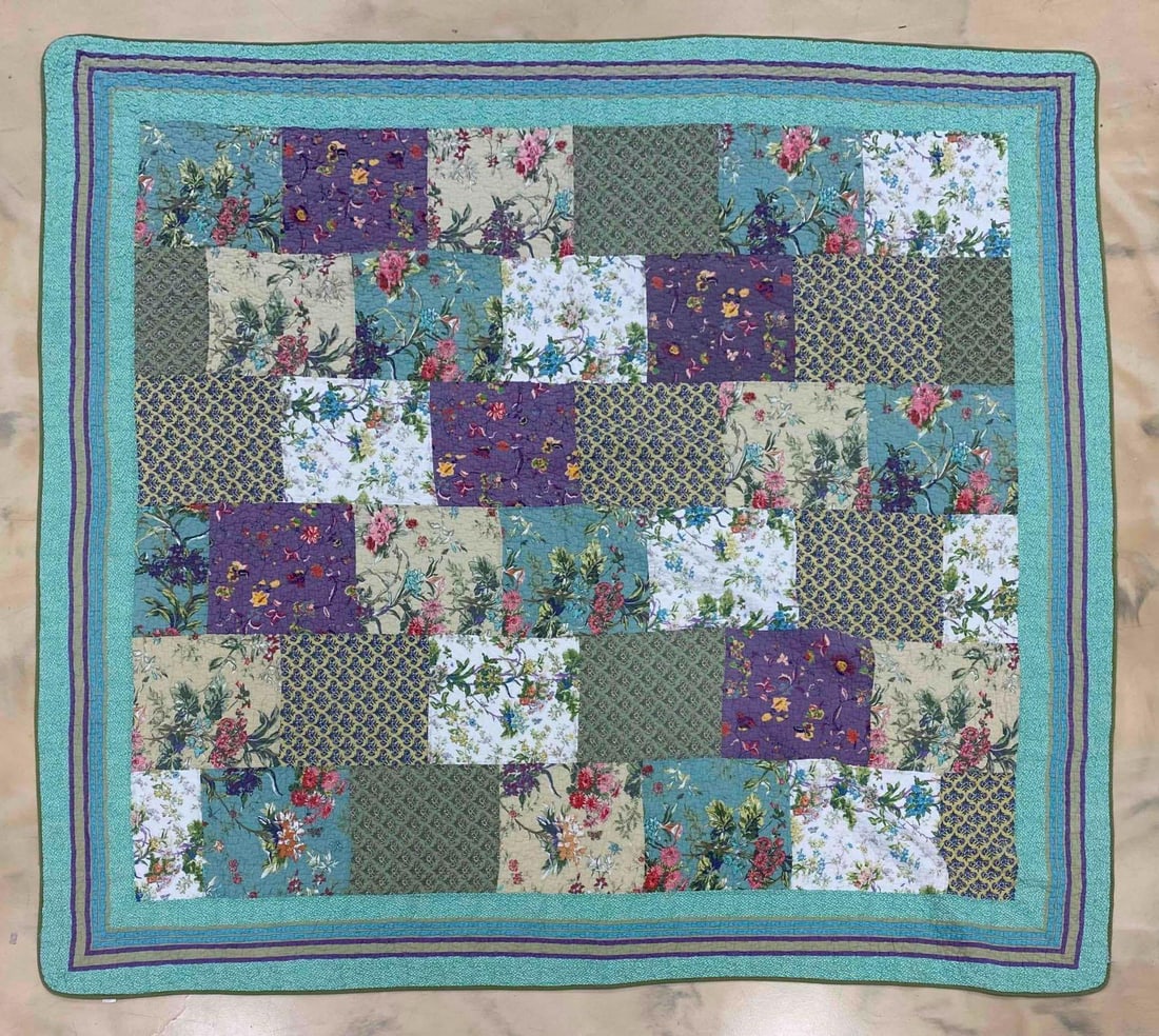 Queen Floral Blocked Quilt: Does have a stain. Measures 98 x 90 inches