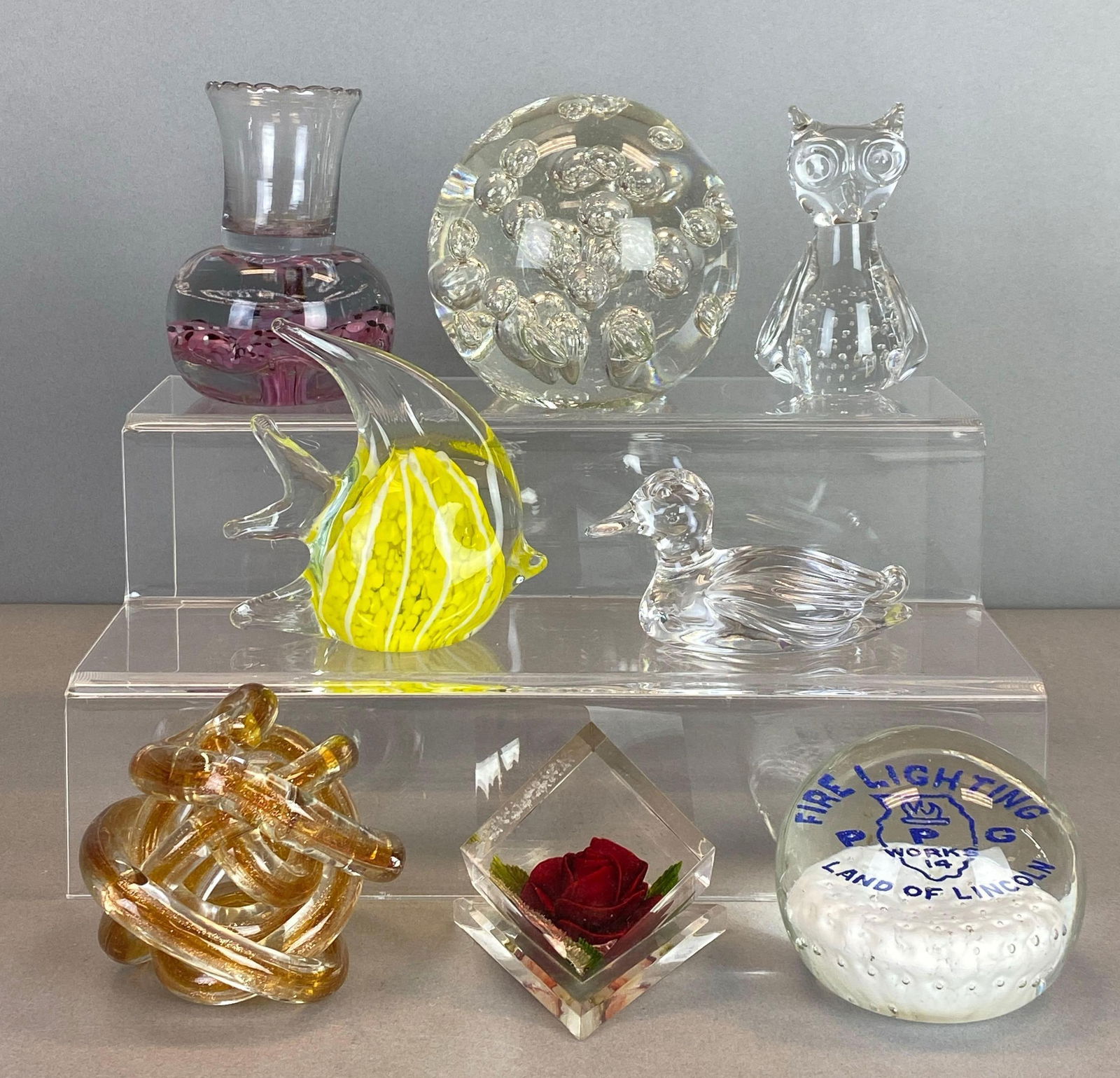 Group of 8 Vintage Art Glass Paperweights: Includes fish, glass knot, owl and more, largest measures 4 1/4 x 4 x 1 1/2 inches