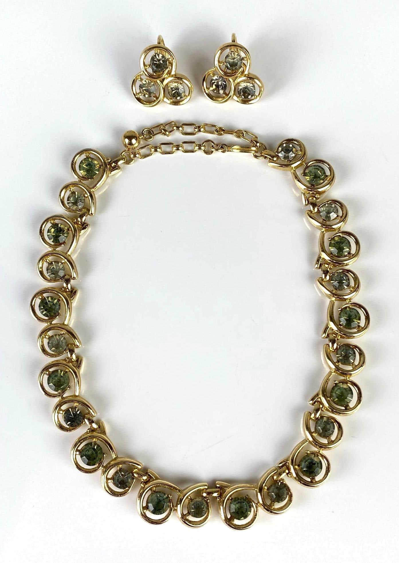Trifari Olive Green Rhinestone Choker Necklace and Clip-On Earrings Costume Jewelry Set (1 of 6)