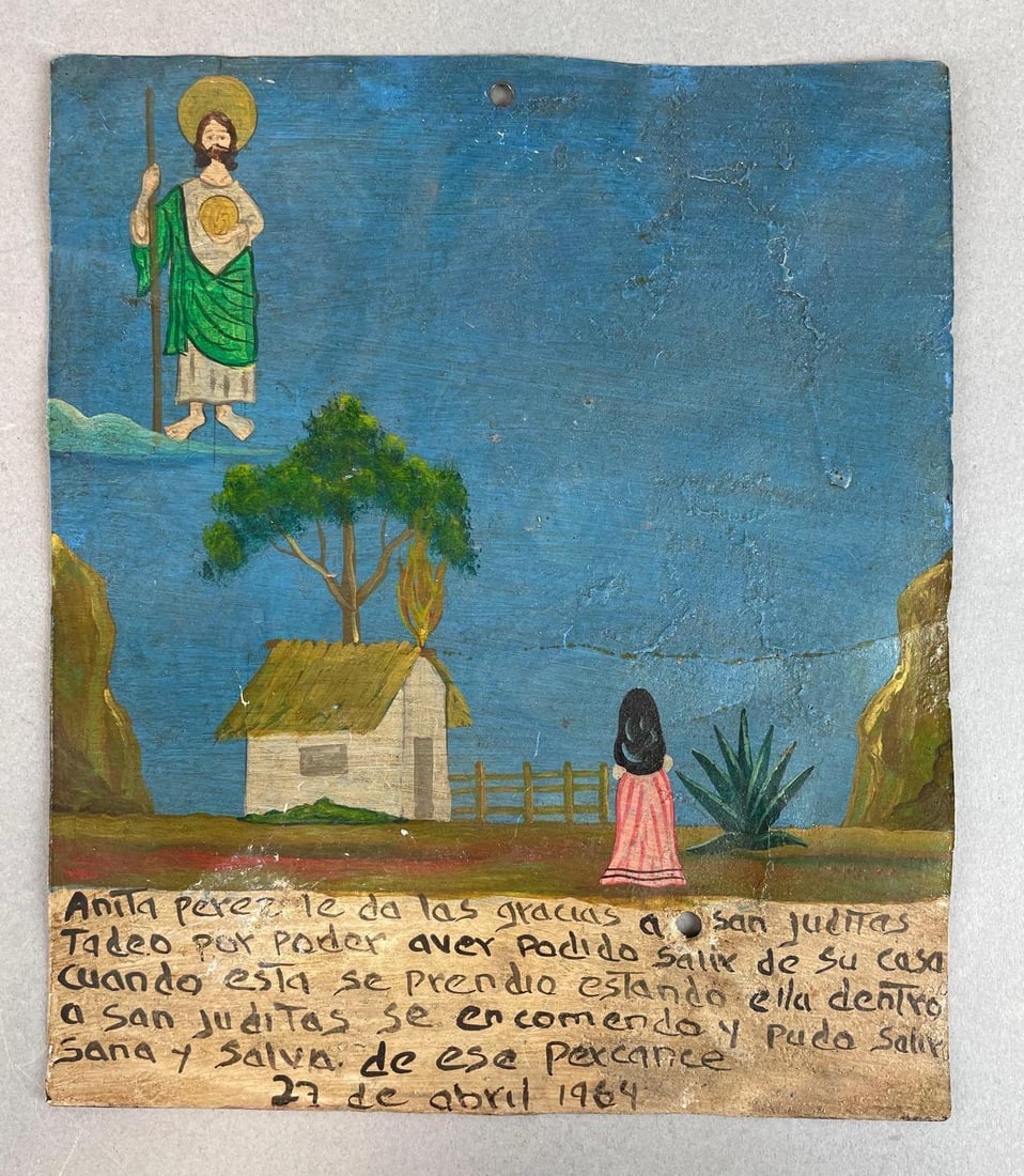 Vintage Mexican Retablo Religious Folk Art Hand Painting on Tin (1 of 2)