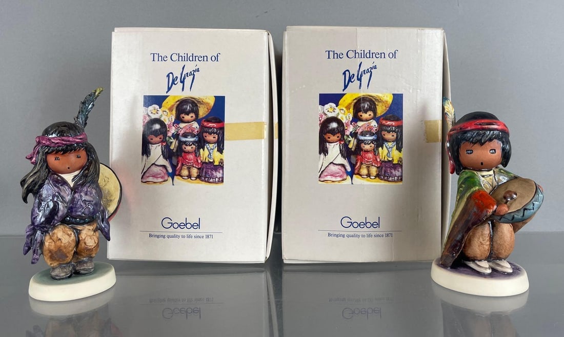 Group of 2 Goebel The Children of DeGrazia Figurines: Includes 1989 the biggest drum, 1983 Pima Indian drummer boy, original boxes. Tallest measures 6 inches