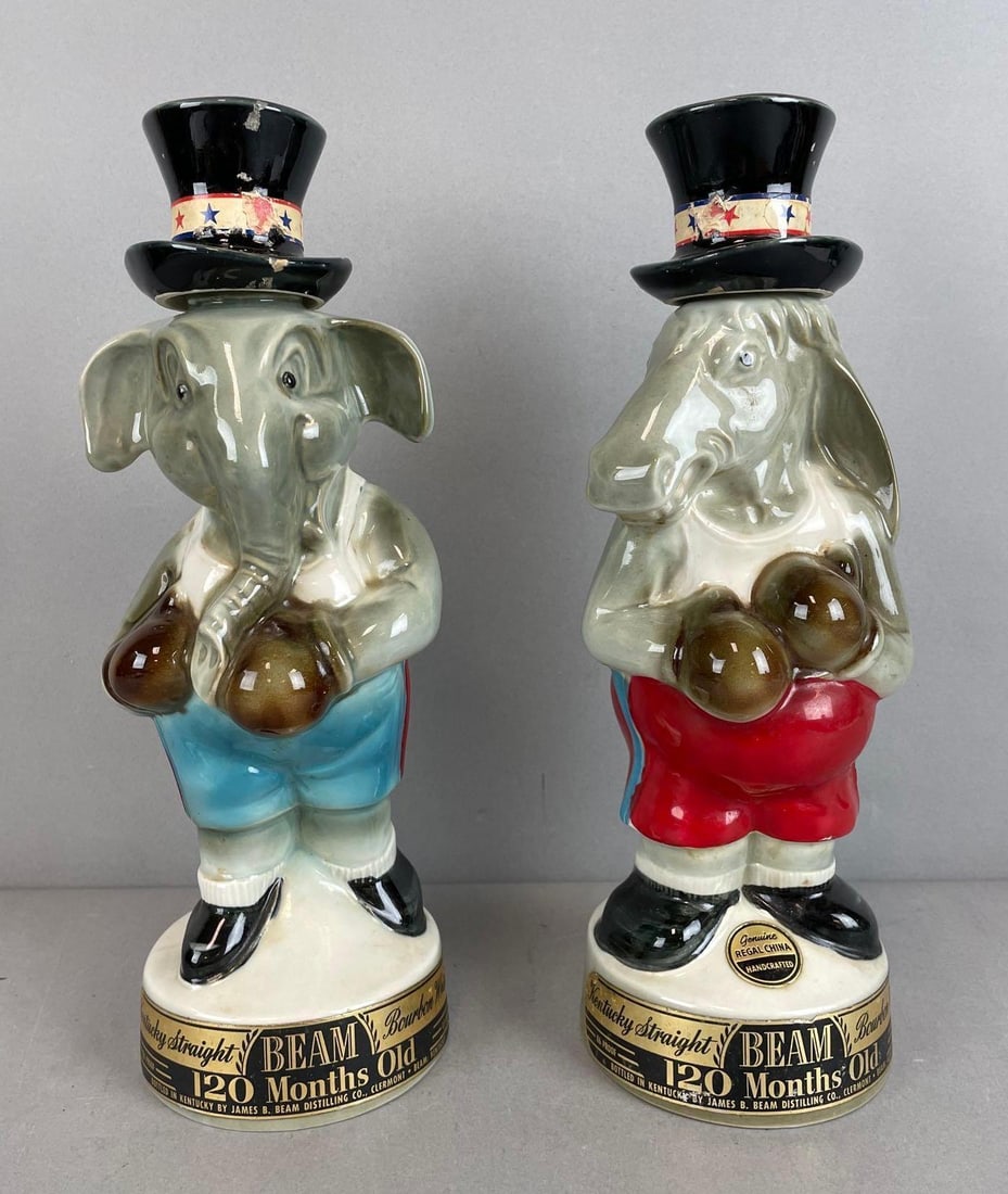 Pair of 1964 Jim Beam Boxing Democrat and Republican Ceramic Decanters (1 of 5)