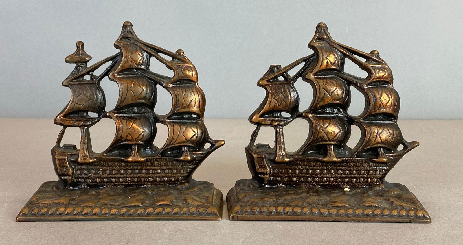 Pair of Painted Bronze USS Constitution Sailing Ship Bookends (1 of 5)