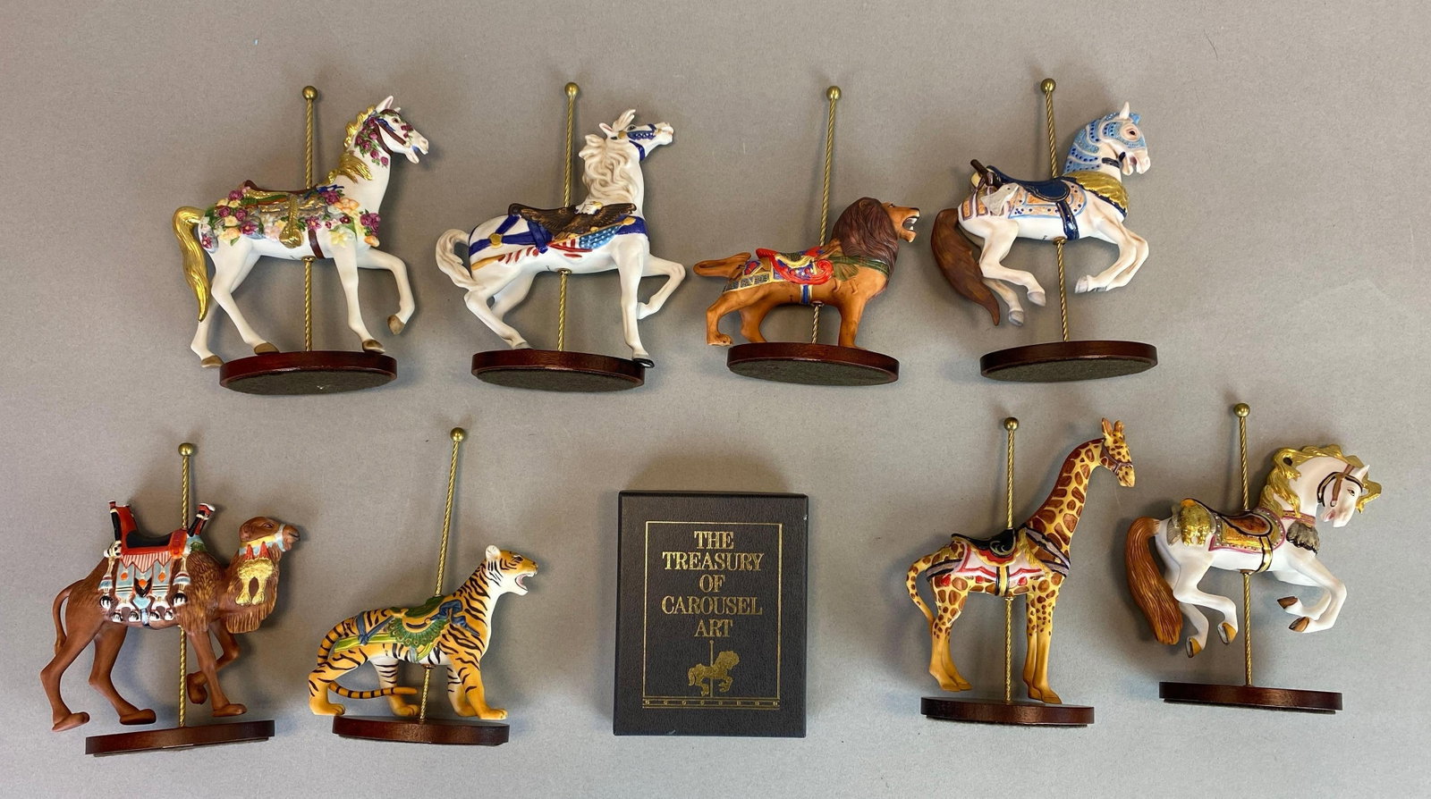 Group of 1988 William Manna Carousel Art Animal Figurines: Made in Thailand, All in original boxes, includes display cards, largest measures 6 1/2 inches tall