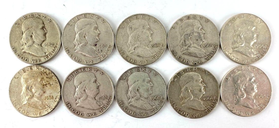 Group of 10 Franklin Silver Half Dollars: Includes years 1952, 1953, 1961 and more.