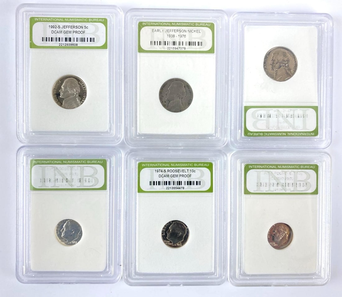 Group of 6 INB Graded Jefferson Nickels and Franklin D. Roosevelt Dimes (1 of 2)