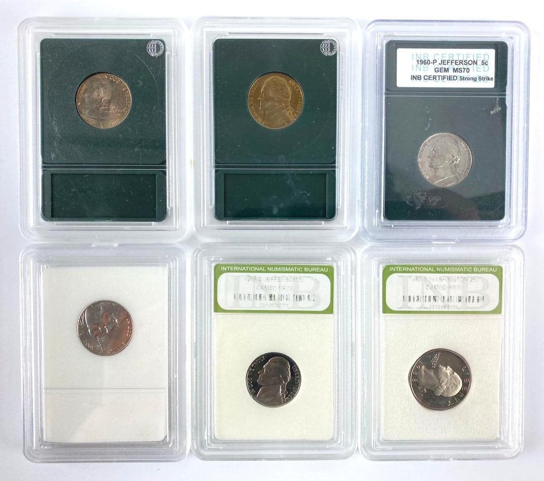 Group of 6 INB Nickels and Quarter: Includes years 1960, 1988, 2005 and more.