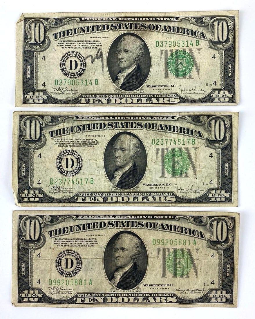 Group of 3 1934 Series  Green Seal $10 Federal Reserve Notes (1 of 2)