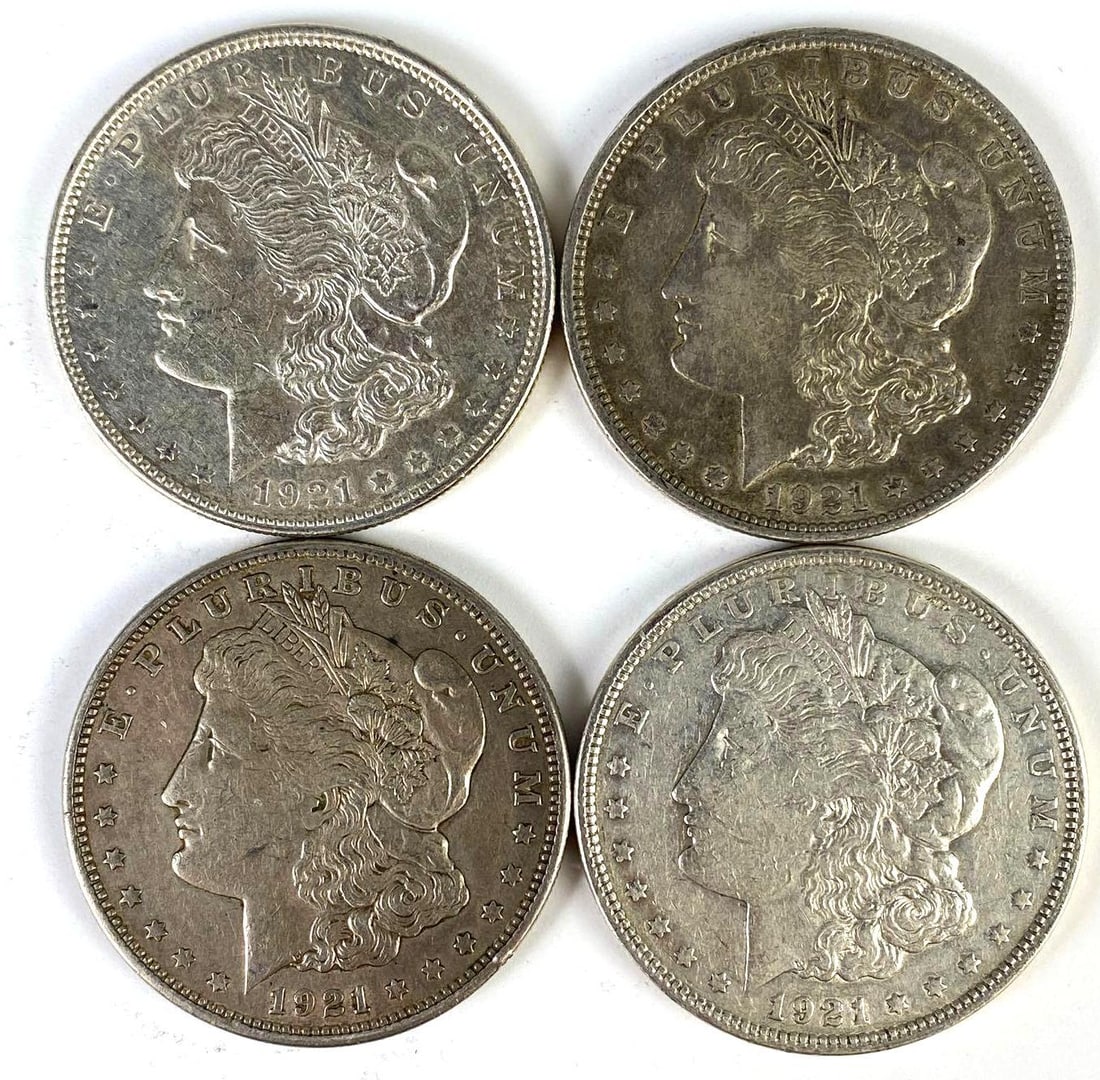 Group of 4 1921 US $1 Morgan Silver Dollars (1 of 2)
