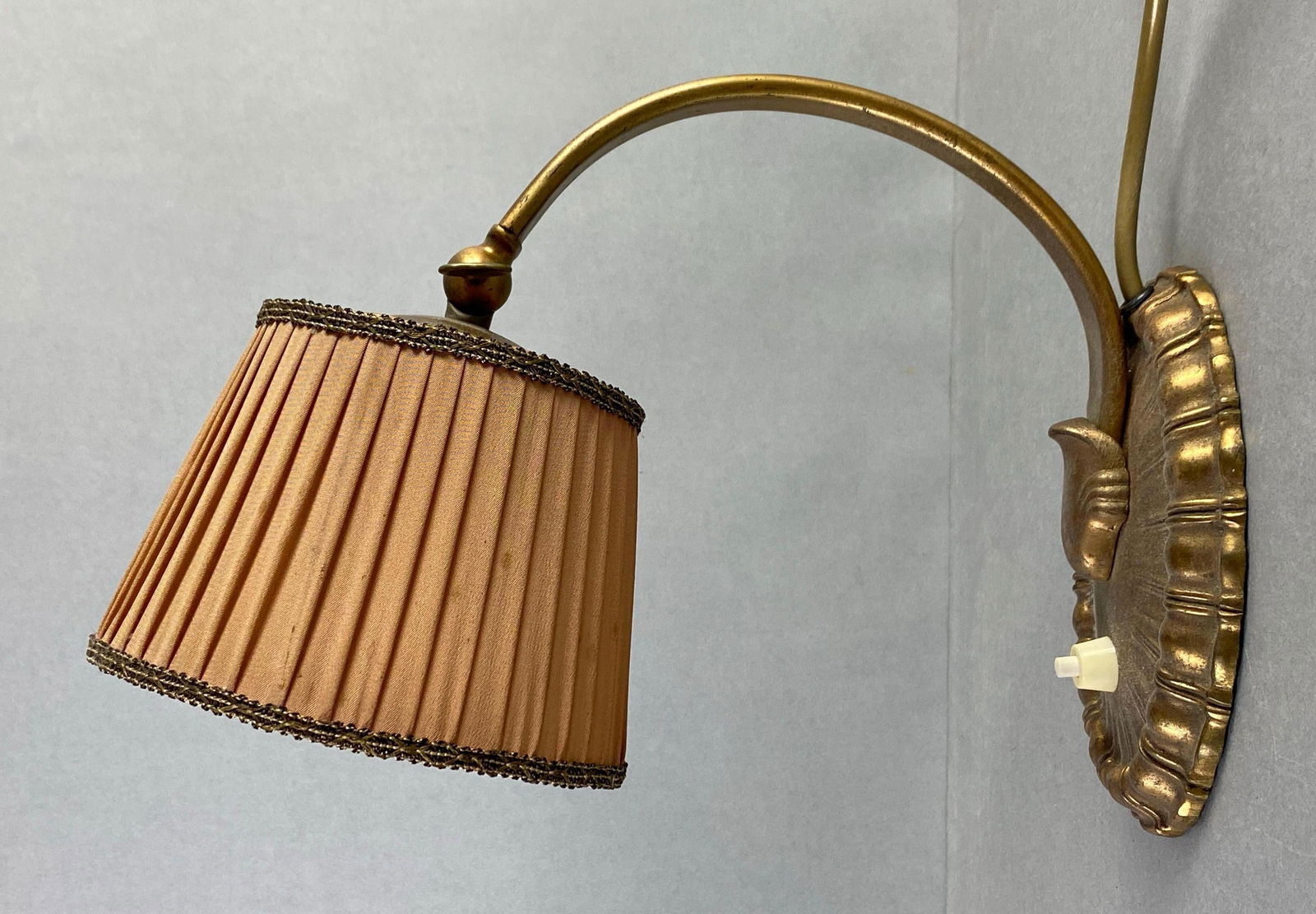 Brass Wall Sconce with Fabric Shade: in working condition, measures 8 1/4 x 6 x 12 inches