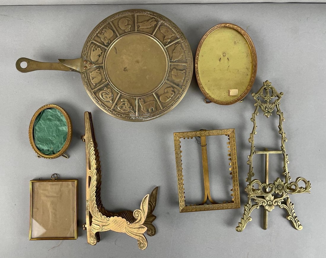 Group of Vintage Brass Picture Frames and More: Brass Chinese zodiac pot measures 2 1/2 x 12 x 8 inches